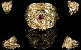 Gents - Impressive and Heavy Handmade Diamond and Ruby Set 9ct Gold Ring.