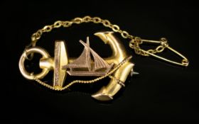 Nautical Interest - 9ct Gold Brooch In The Form of a Ships Anchor with Safety Chain / Pin.