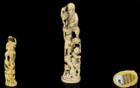 Japanese - Well Carved and Quality Ivory Okimono Figure Group - Representing a Japanese Folk Tale.