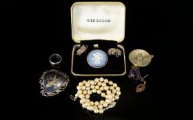 Small Mixed Lot Of Jewellery, Comprising A 14ct Gold Mounted Amethyst Figure, Wedgwood Brooch,