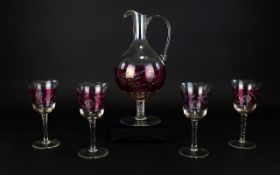 Good Quality 1970's Cranberry Glass Decanted with Matching Set of 4 Drinking Glasses.