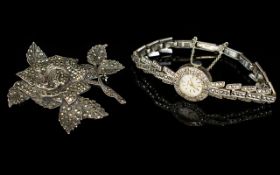 Nivada - Ladies Silver and Marcasite Set Mechanical Cocktail Wrist Watch with Attached Safety Chain.