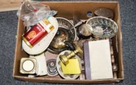 Box of Assorted Collectables including old kitchen scales and weights, jelly molds, old tins,