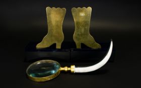 A Pair Of Victorian Novelty Bookends In tHe Form Of Boots Along With Magnifying Glass Brass copper