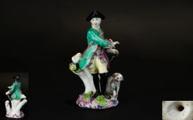 Rare 5 Inch High Staffordshire Figure of a Gentleman with Dog, Tricone Hat, Frock Coat Cruissades.