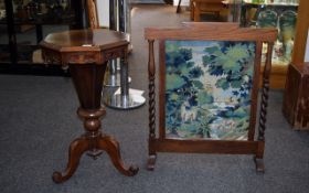 Antique Trumpet Form Workbox Along With Tapestry Screen Late 19th century work box on trefoil legs