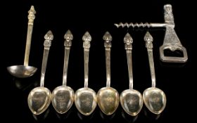 Antique Set of Six Sunburst Peruvian Solid Silver Spoons with Matching Ladle and Corkscrew / Bottle