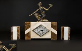 Jousse - Elbeuf ( Paris ) Art Deco Period Figural Marble Mantle Clock Set.