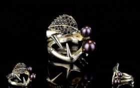 Shaun Leane Silver And Synthetic Pearl Ring Blackthorn cluster ring with thorn and black spinel