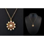 Ladies - 1950's 9ct Gold Attractive Pearl and Garnet Set Pendant Drop of Circular Form with