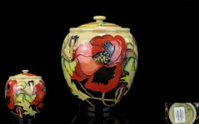 Moorcroft - Modern Tube lined Lidded Ginger Jar ' Poppies ' Red Design. Date 2015. Height 6.