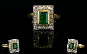 Art Deco Period 18ct Gold and Platinum Set Emerald and Diamond Cluster Ring. Fully Hallmarked.