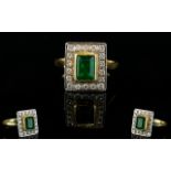 Art Deco Period 18ct Gold and Platinum Set Emerald and Diamond Cluster Ring. Fully Hallmarked.