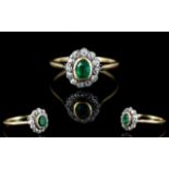 18ct Gold Emerald and Diamond Cluster Ring. Flower head Setting / Design.