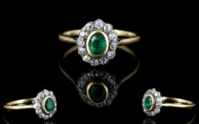 18ct Gold Emerald and Diamond Cluster Ring. Flower head Setting / Design.