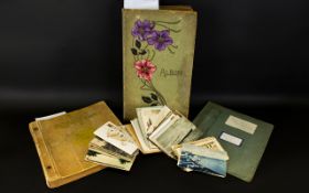 An Edwardian Postcard Album And Associated Stamp Albums Four items in total to include large Art