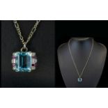 Art Deco Period 18ct White Gold Aquamarine - Pendant Drop with Rubies and Baguette and Brilliant
