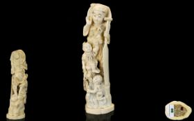 Japanese - Signed Meiji Period Tokyo School Finely Carved Ivory Okimono Figure Group - Fisherman