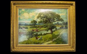 Hurst Balmford ( 1871 - 1950 ) River Wyre Near Great Eccleston. Oil on Canvas Affixed to Card.