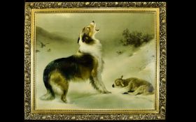 A Large Framed Print Decorative textured print titled 'Found' depicting a lamb in the snow, a
