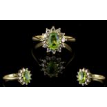18ct Gold Peridot and Diamond Set Cluster Ring, Flower head Setting. Fully Hallmarked.