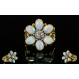 18ct Gold - Superb Quality Opal and Diamond Set Cluster Ring.