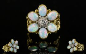 18ct Gold - Superb Quality Opal and Diamond Set Cluster Ring.