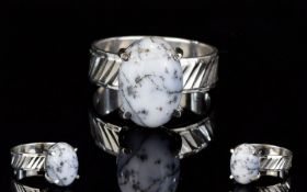 Dendritic Opal Solitaire Ring, a 6ct cabochon cut of an unusual opal, the white, black and grey