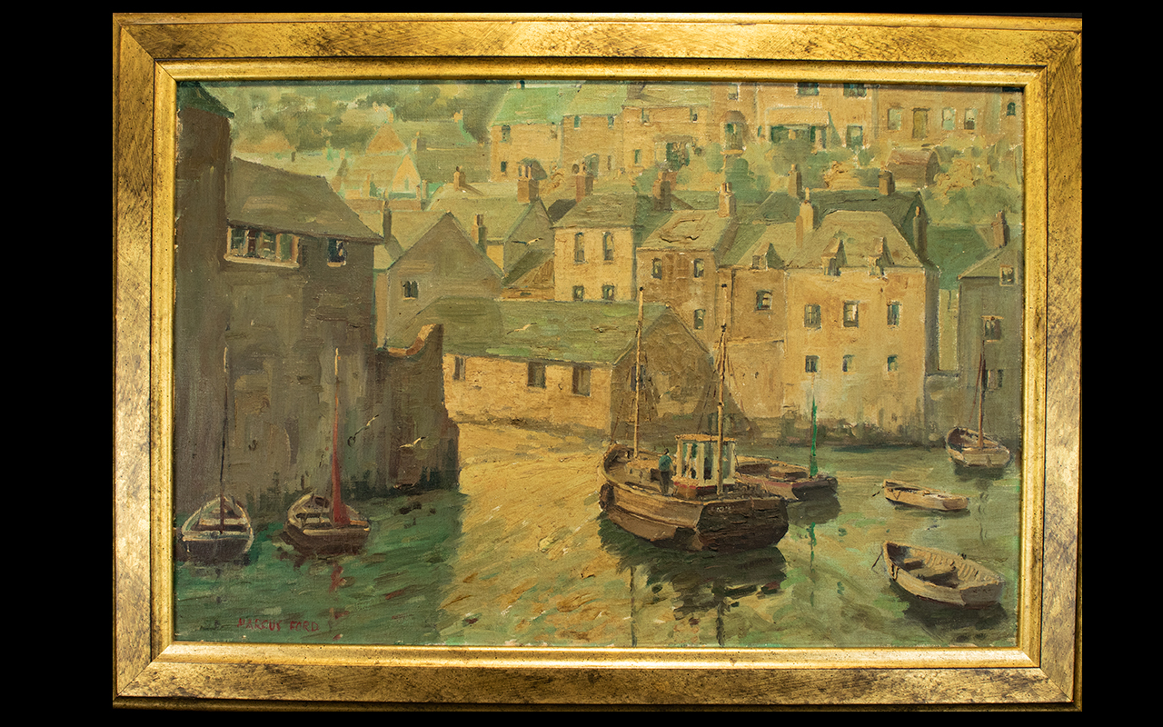 Marcus Ford (1914 -1989) Original Oil On Canvas Depicting small fishing boats in a harbour,