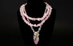 Silver And Rose Quartz Statement Necklace Handmade polished Rose Quartz pendant set in silver with