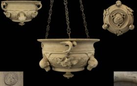 French Sarreguemines Architectural Stoneware Hanging Planter A late nineteenth century planter with