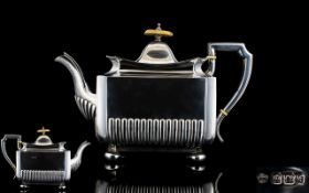 Late Victorian Silver Teapot, Square Demi Fluted Form With Canted Corners On Pad Feet,