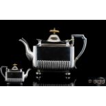 Late Victorian Silver Teapot, Square Demi Fluted Form With Canted Corners On Pad Feet,