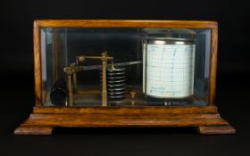 Antique - Nice Quality Oak Cased ' Cyclo Stormograph ' Barograph - With Bevelled Glass Panels. The