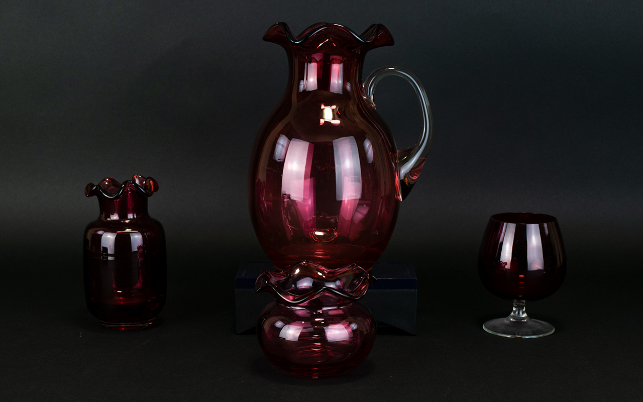 A Small Collection of Antique Period Cranberry Glass Items ( 4 ) Four In Total.