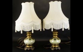 A Pair Of Antique Brass And Pearlescent Glass Table Lamps Two in total, each with foliate design