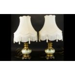 A Pair Of Antique Brass And Pearlescent Glass Table Lamps Two in total, each with foliate design