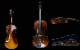 Three Quarter Size Violin In Wooden Case With Bow, Re-String, Two Piece Back,