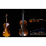 Three Quarter Size Violin In Wooden Case With Bow, Re-String, Two Piece Back,