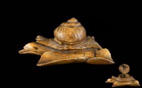 Antique Novelty Carved Wooden Ink Stand in the form of a snail on a leaf. 6 inches wide.
