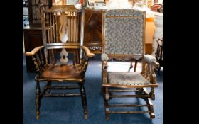 Two chairs comprising of a rocking chair with turned spindles and sage green upholstery and a