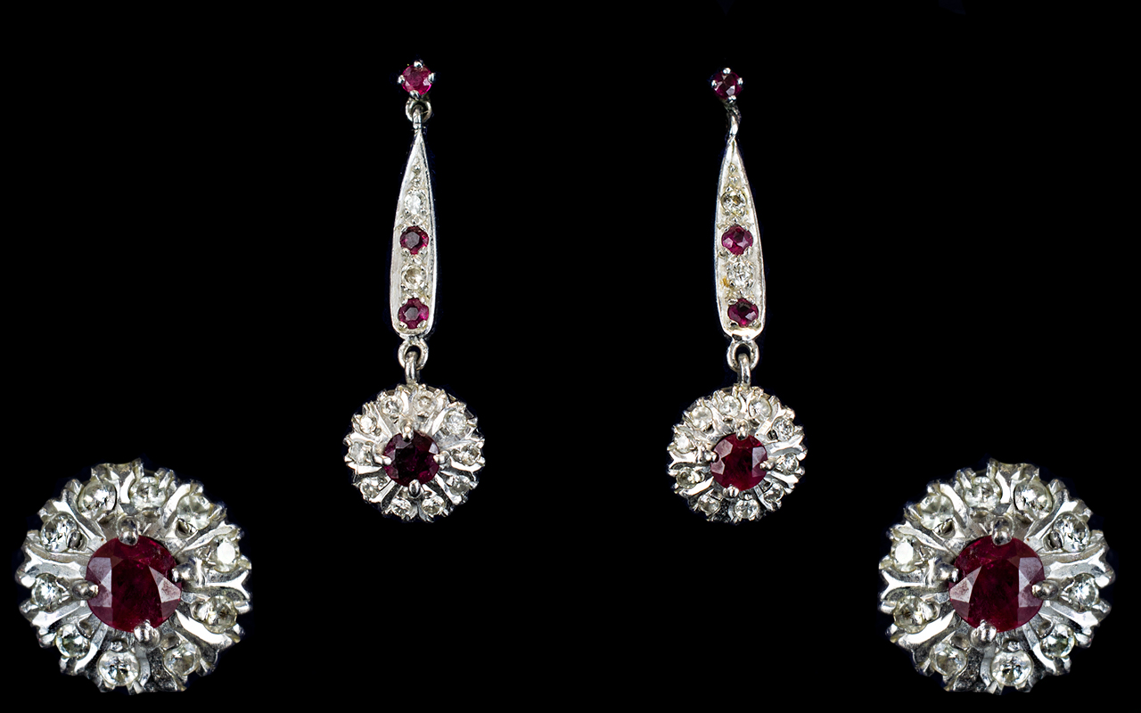 18ct White Gold - Nice Quality Ruby and Diamond Set Pair of Drop Earrings.