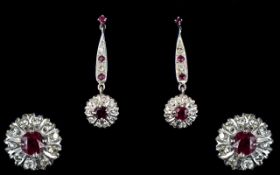 18ct White Gold - Nice Quality Ruby and Diamond Set Pair of Drop Earrings.