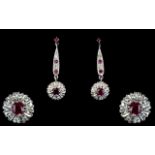 18ct White Gold - Nice Quality Ruby and Diamond Set Pair of Drop Earrings.