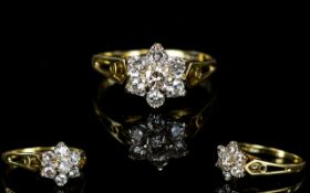 18ct Gold - Nice Quality Diamond Set Cluster Ring, In a Flower head Setting. c.1950's.