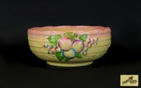 Clarice Cliff Hand Painted Large Fruit Bowl. Fruit and basket design on pink and cream colourway.