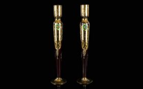 Pair of Venetian Ruby Red Bud Vases gilt overlay and floral enamel decoration.