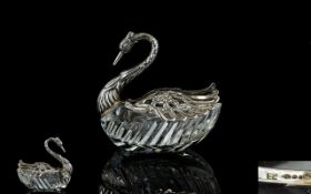 West German 1970's Sterling Silver And Cut Glass Figural Swan Salt Dish The dish formed in sterling