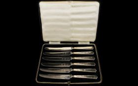 Art Deco Period Edward VIII Boxed Set Of (6) Six Silver Handle Butter Knives.
