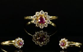 18ct Gold Ruby and CZ Set Cluster Ring. Flower head Setting.